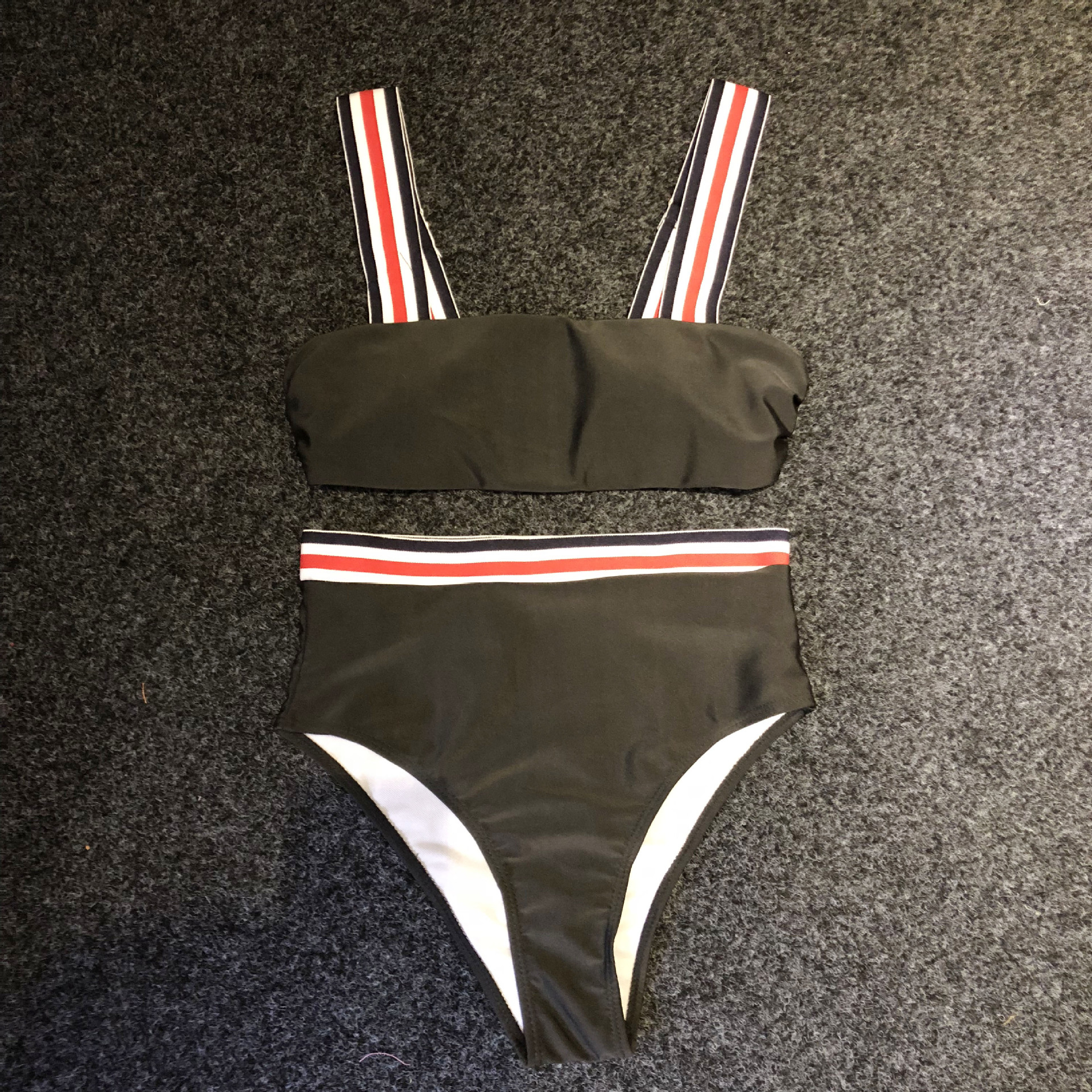F4695 Vintage Bikini Swimsuit Strap Padded High Waist Striped Swimwear Set